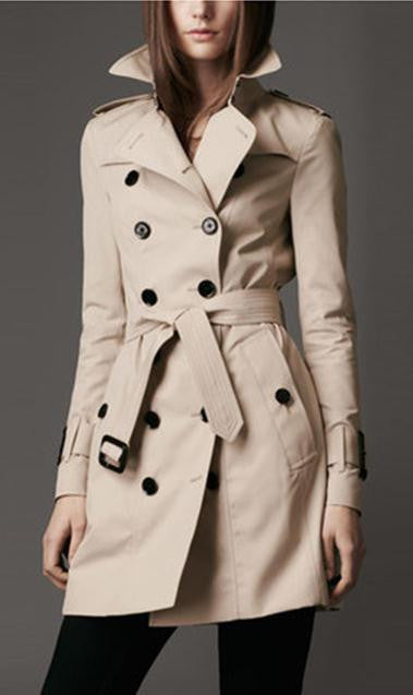 Turn-down Collar Belt Double Button Slim Mid-length Coat - May Your Fashion - 1