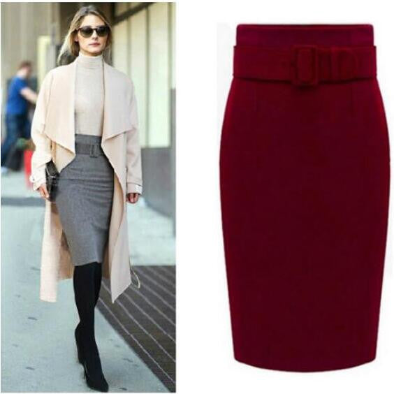 Fashion Belt Buckle Pure Color Cotton Pencil Skirt