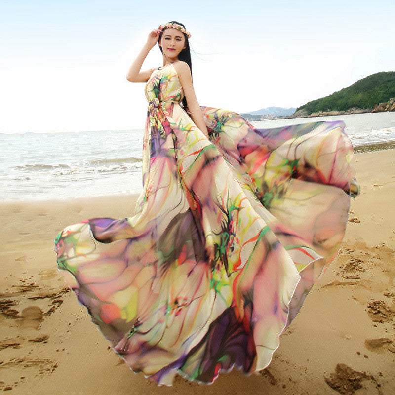 High-waist High-neck Print Ball Gown Long Beach Dress - May Your Fashion - 1