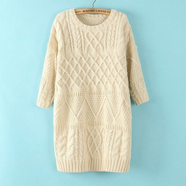 Diamond Cable Retro Knit Long Pullover Sweater - May Your Fashion - 2