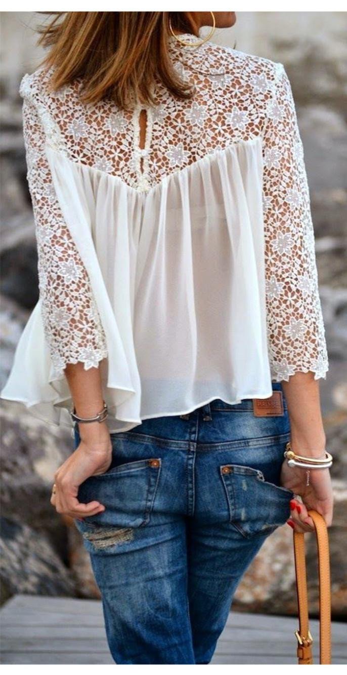 Lace Chiffon Patchwork Long Sleeves Loose Transparent Blouse - Meet Yours Fashion - 2