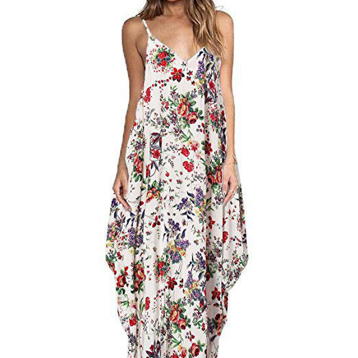 Fashion Floral Print Sleeveless Spaghetti Straps Loose Long Dress