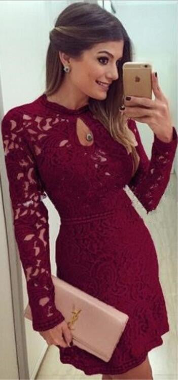 Sexy Long Sleeve Hollow Out Lace Short Dress