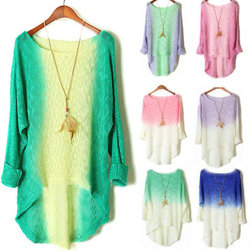 Gradually Changing Color Long Sleeves Scoop Bat-wing Long Blouse - Meet Yours Fashion - 2