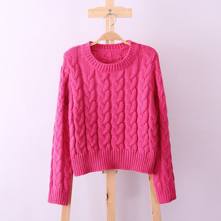 Scoop Solid Cable Ribbed Knit Short Sweater 