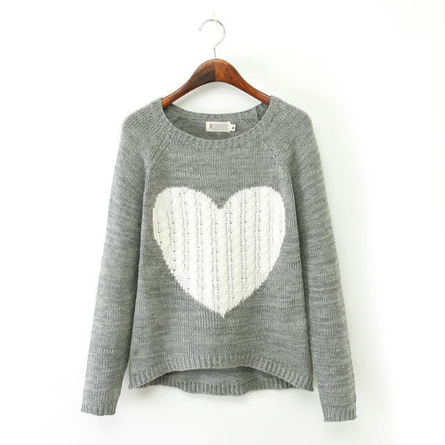 Splicing Pullover Scoop Knit Slim Heart Pattern Sweater - May Your Fashion - 2