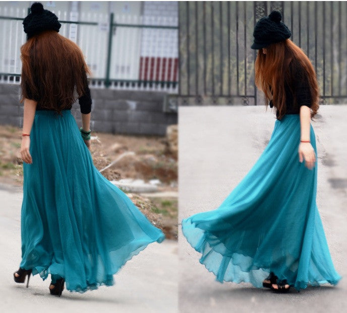 Bohemian Flared Pleated Pure Color Slim Floor Maxi Skirt - May Your Fashion - 8