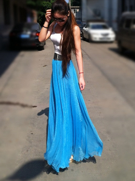 Bohemian Flared Pleated Pure Color Slim Floor Maxi Skirt - May Your Fashion - 10