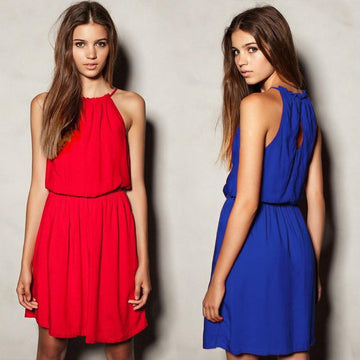 Sleeveless Pure Color O-neck Hollow Irregular Short Dress - Meet Yours Fashion - 2