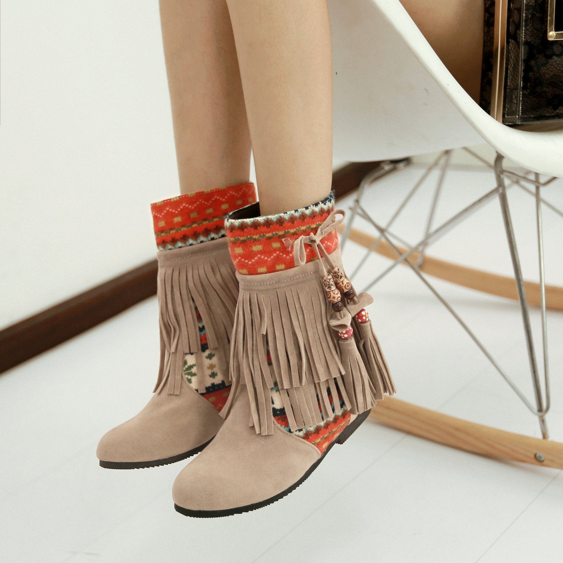 Tassel Beads Increased Patchwork Suede Short Boots