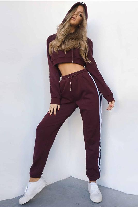 Pure Color Straps Hoodie with Pants Two Pieces Set