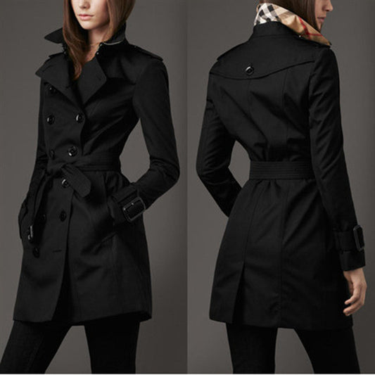 Turn-down Collar Belt Double Button Slim Mid-length Coat - May Your Fashion - 2