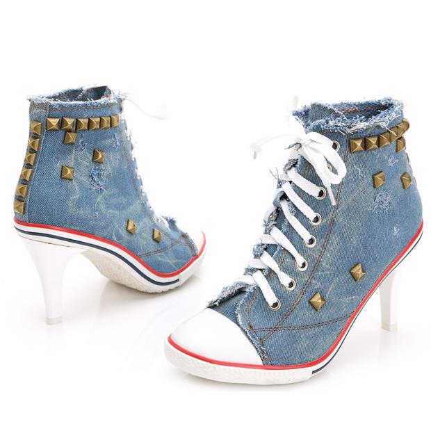 Rivets Denim Round Toe Lace Up Middle Heel Short Boot