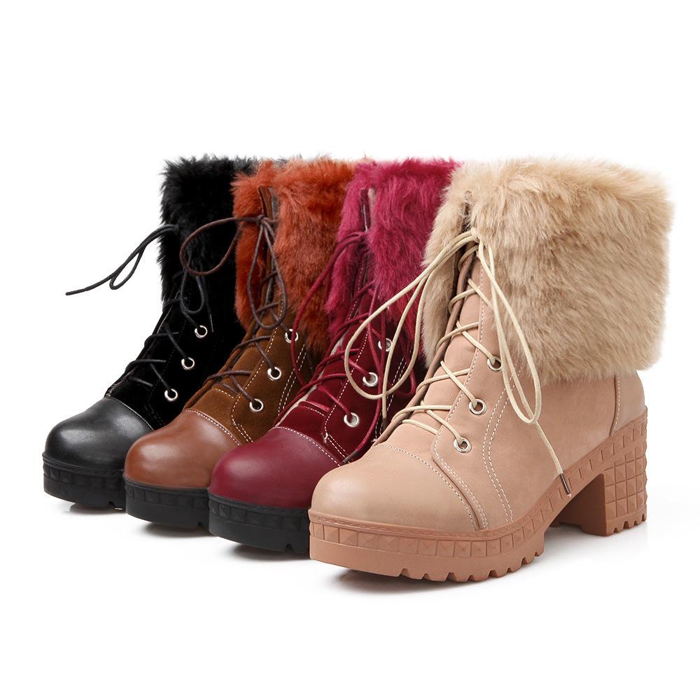 Curled Edge Faux Fur Lace Up Low Chunky Heels Short Boots