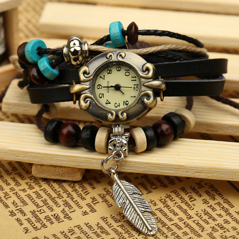 Feather Pendant Woven Bracelet Watch