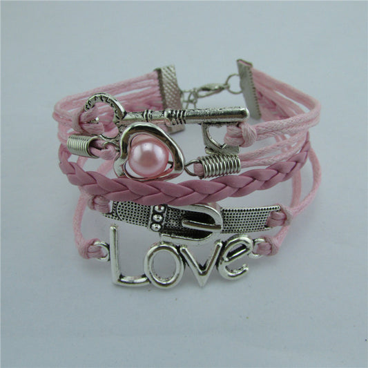 Romantic Pink LOVE Hearts Pearl Key Ring Bracelet