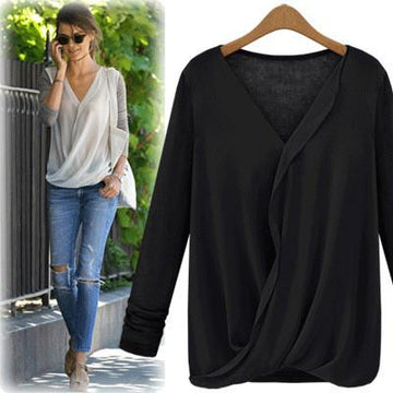 Chiffon Patchwork Ruches V-neck Long Sleeves Fashion Blouse - Meet Yours Fashion - 1