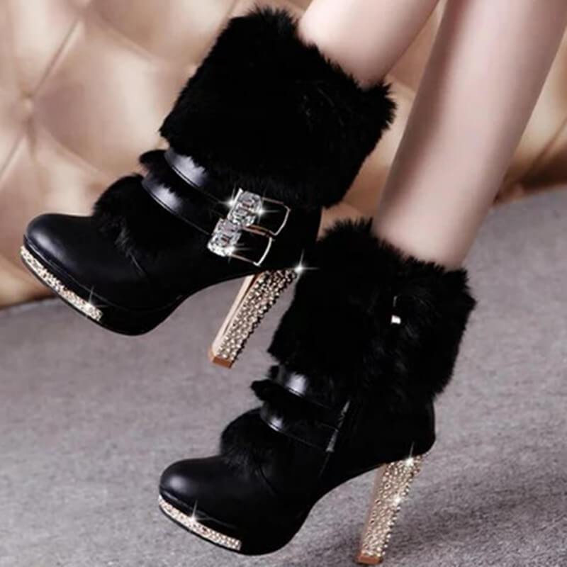 Platform Faux Fur Rhinestone High Heel Winter Boots