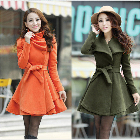 High Neck Long Sleeves Button Wool Coat With Belt on