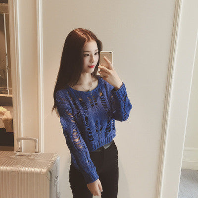 Pure Color Long Sleeves Scoop Hollow Out Short Sweater