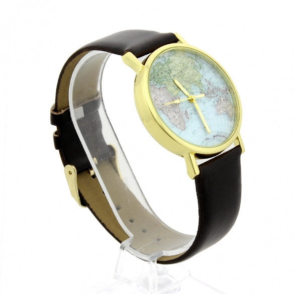 Leather Watches With World Map Watch Dial Unisex