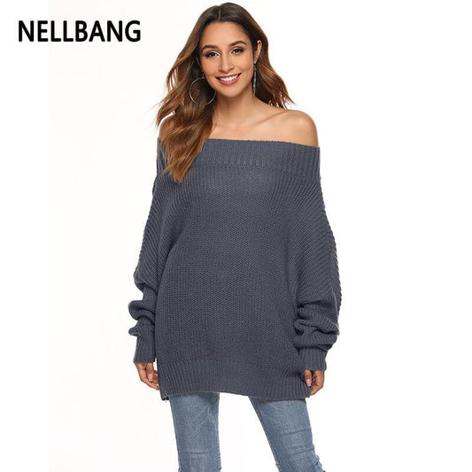 Off Shoulder Pure Color Batwing Sweater