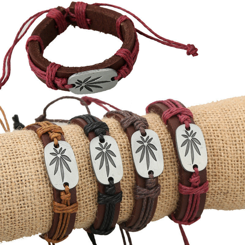 Retro Carving Leaves Woven Bracelet Set
