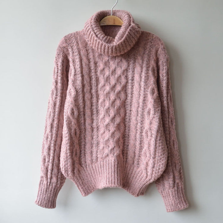 High Neck Pullover Loose Solid Color Knit Sweater