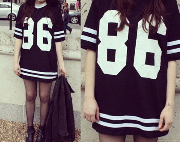 Number Print Short Sleeve Scoop Bf Style Long T-shirt - May Your Fashion - 5