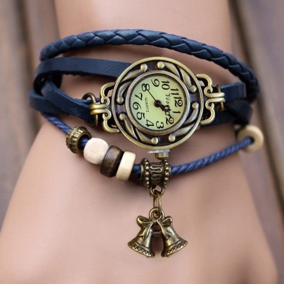 Women's Quartz Bell Pendant Weave Wrap Synthetic Leather Bracelet Wrist Watch