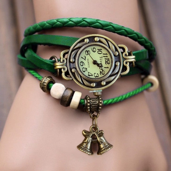 Women's Quartz Bell Pendant Weave Wrap Synthetic Leather Bracelet Wrist Watch