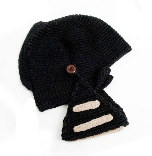 Buttons Unisex Crochet Knit Black Ski Beanie Wool Roman Knight Hat Mask Cap