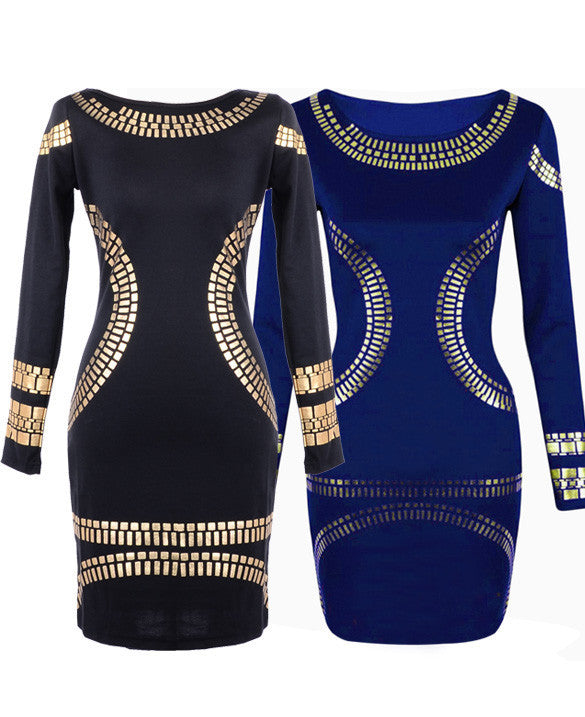 Gold Foil Long Sleeves Tunic Party Bodycon Dress - May Your Fashion - 5