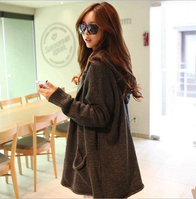 Pure Color Long Sleeves V-neck Long Hooded Cardigan