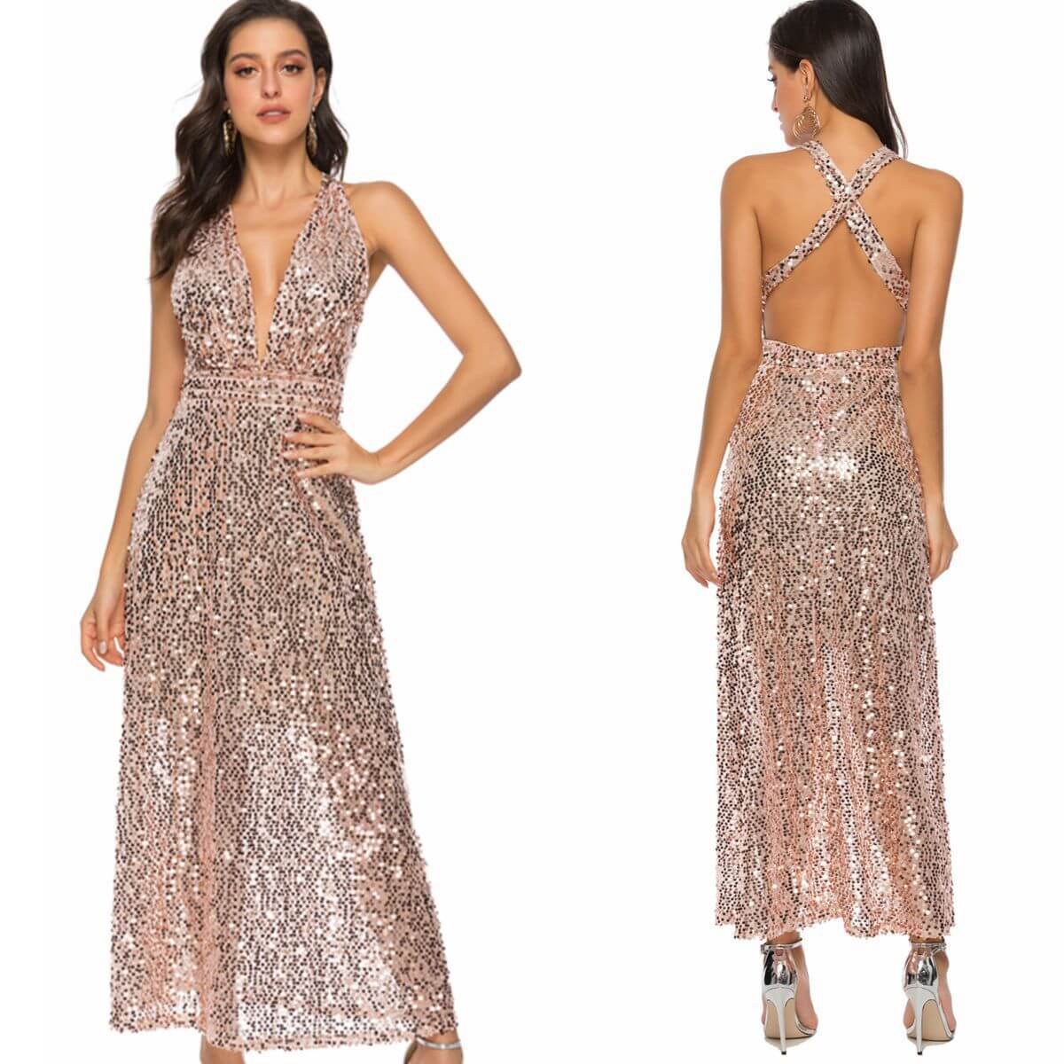 Spaghetti Straps V-neck Backless Sequins Long Party Dress
