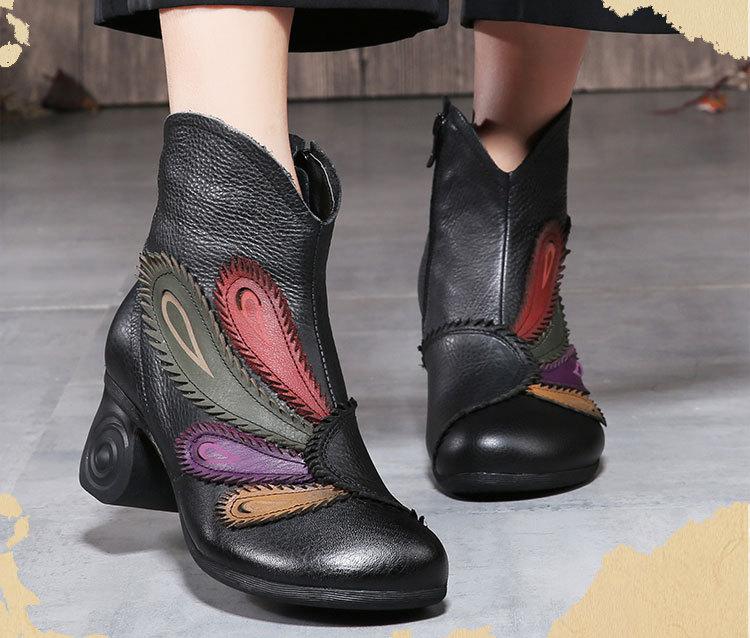 Women Fashion Retro Handmade Plume Pattern Zipper Ankle Leather Boots