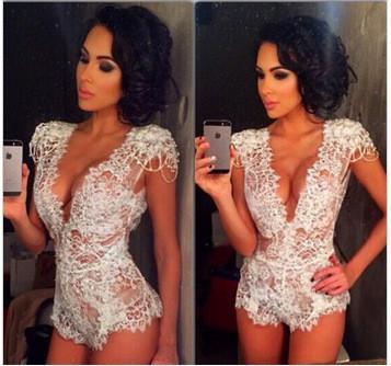 Sexy See Through Halter White Lace Triangle Jumpsuit