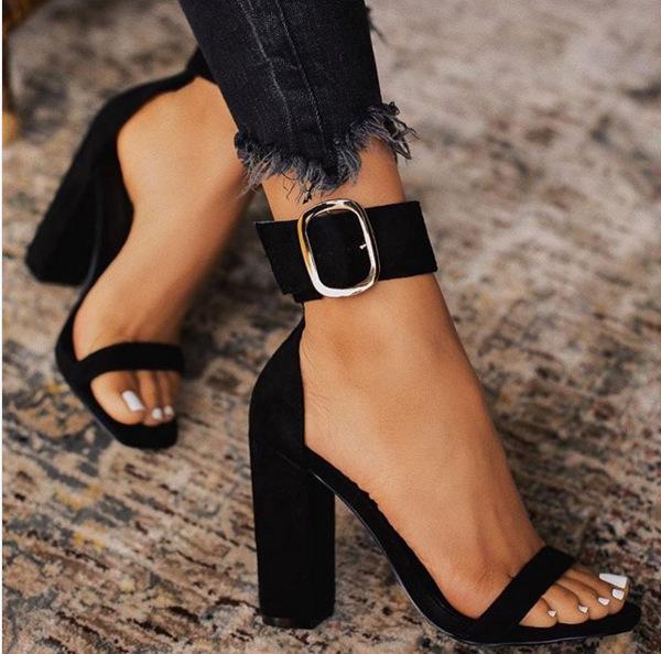 Faux Leather Ankle Strap Block Heel Sandals
