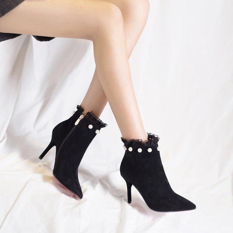 Suede Pointed-Toe Ankle Stiletto Boots with Pearl Embellishment and Ruffle Trim