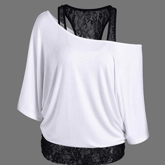 Fashion Scoop One Shoulder Lace Patchwork Short Sleeves T-shirt