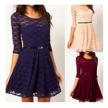 3/4 Sleeve Lace Dress With Belt