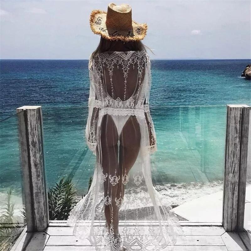 Mesh embroidery with Lace Sexy Beach blouse holiday dress