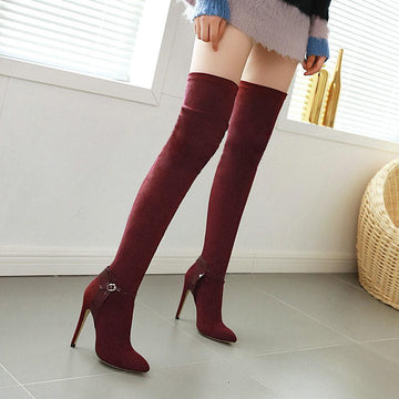 Autumn And Winter Pointed Ultra-Fine High Heel Elastic Velvet Knee High Boots
