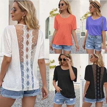 Round neck short sleeve cut out lace stitching T-shirt