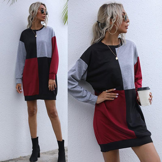 Long Sleeve Contrast Stitching Round Neck Sweater Dress