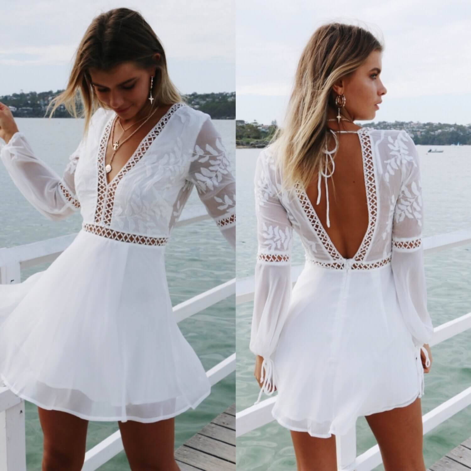 Lace V-neck Long Sleeves Patchwork Fashion Tee-length Dress