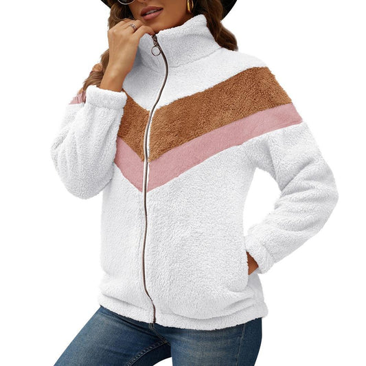 Autumn And Winter Plush Sweater Zipper Cardigan Contrast Coat