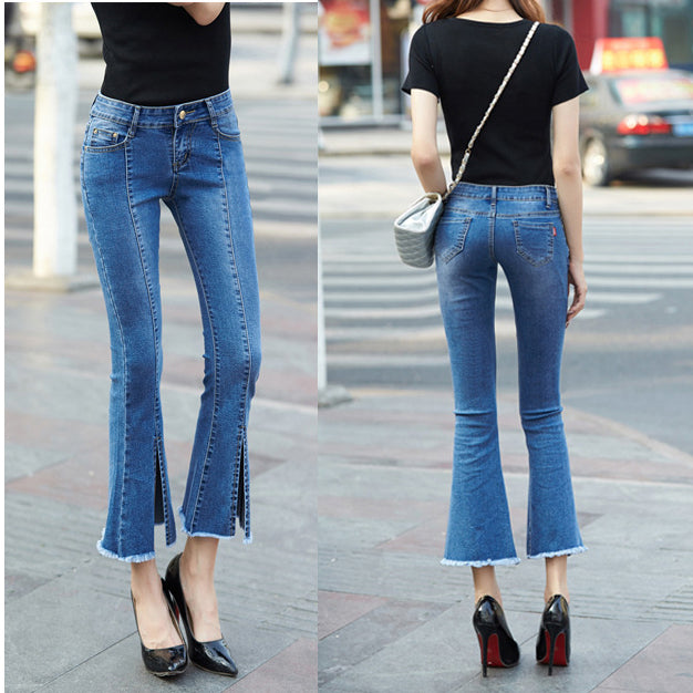 Solid Color Bell-bottomed Split 9/10 Jeans Denim Pants