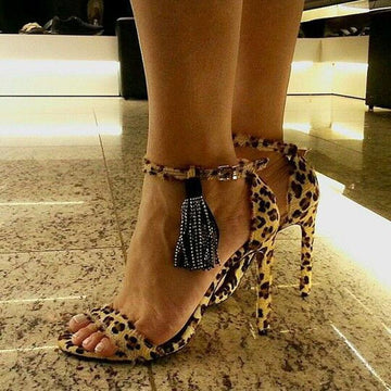 Sexy Leopard Buckle Fringe High Heel Sandals