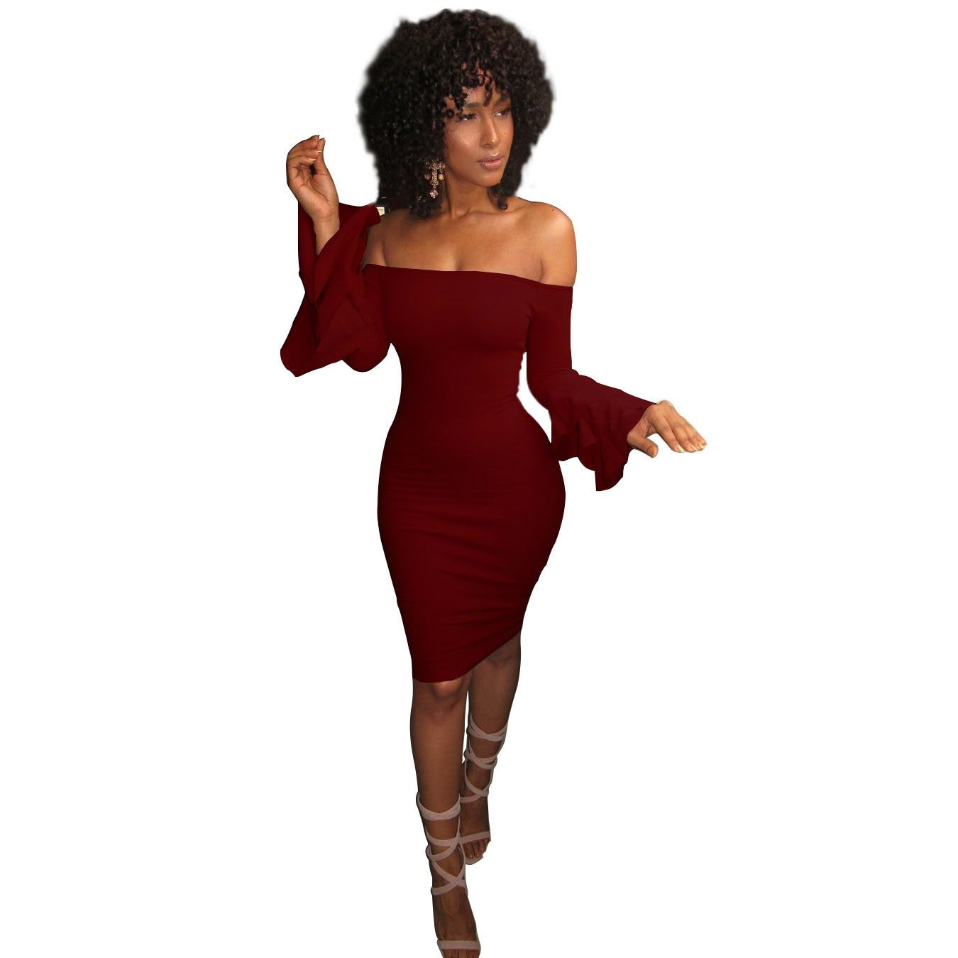 Off Shoulder Long Trumpet Sleeves Knee-length Bodycon Dress